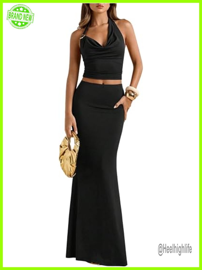 Two Piece Halter Top And Maxi Skirt Set Going Out Outfit Sleeveless